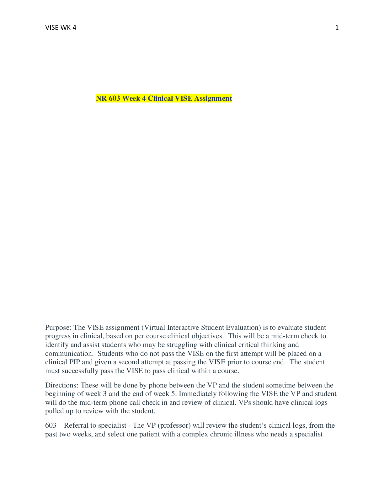 Preview image for NR 603 Week 4 Clinical VISE Assignment